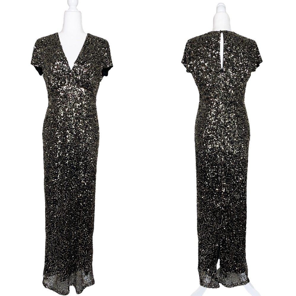 Nicole Miller Gold and Black Sequined Column Gown
